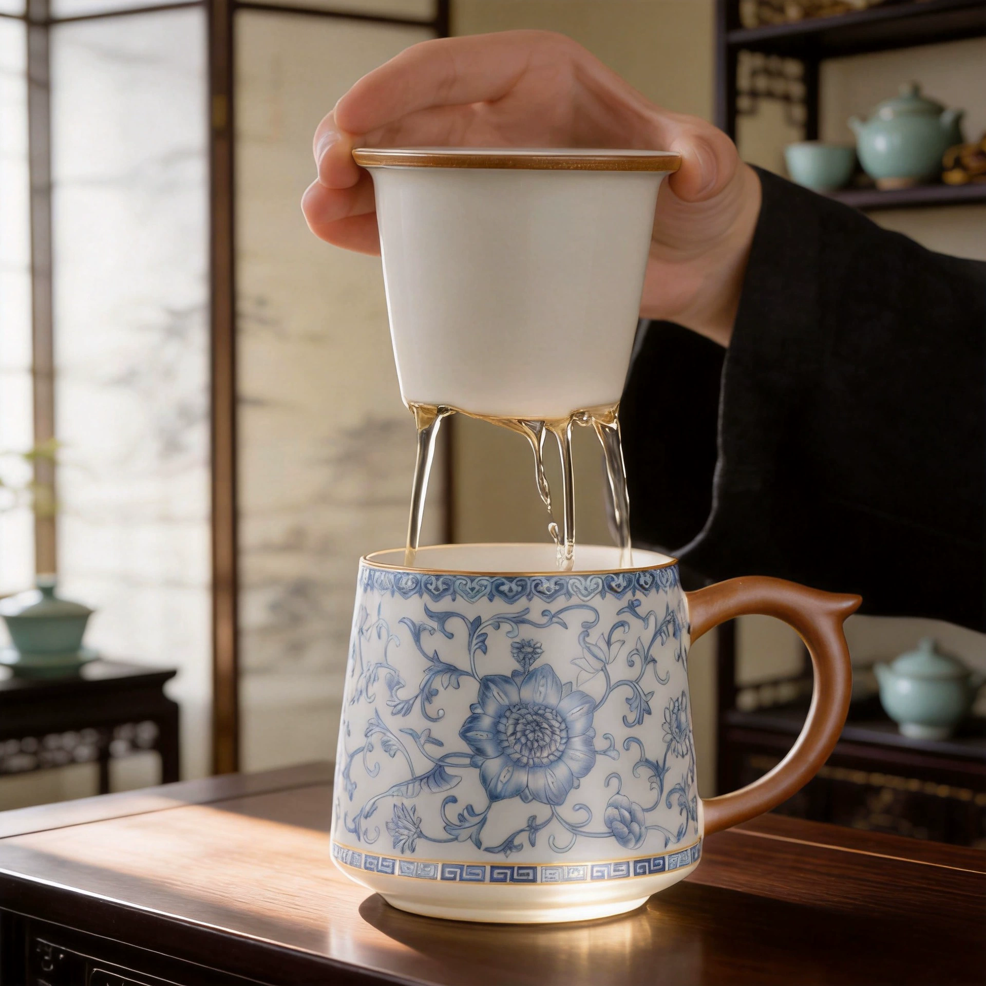 Blue and White Ru Kiln Ceramic Tea Cup with Lid and Filter | Tea-Water Separation Mug for Home Brewing & Office Use