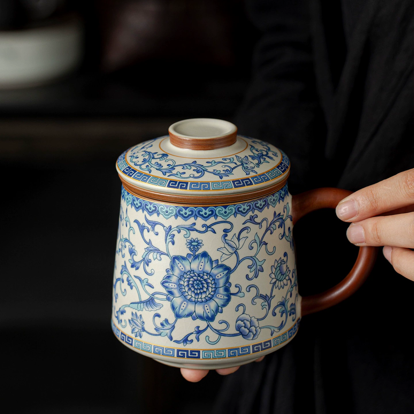 Blue and White Ru Kiln Ceramic Tea Cup with Lid and Filter | Tea-Water Separation Mug for Home Brewing & Office Use