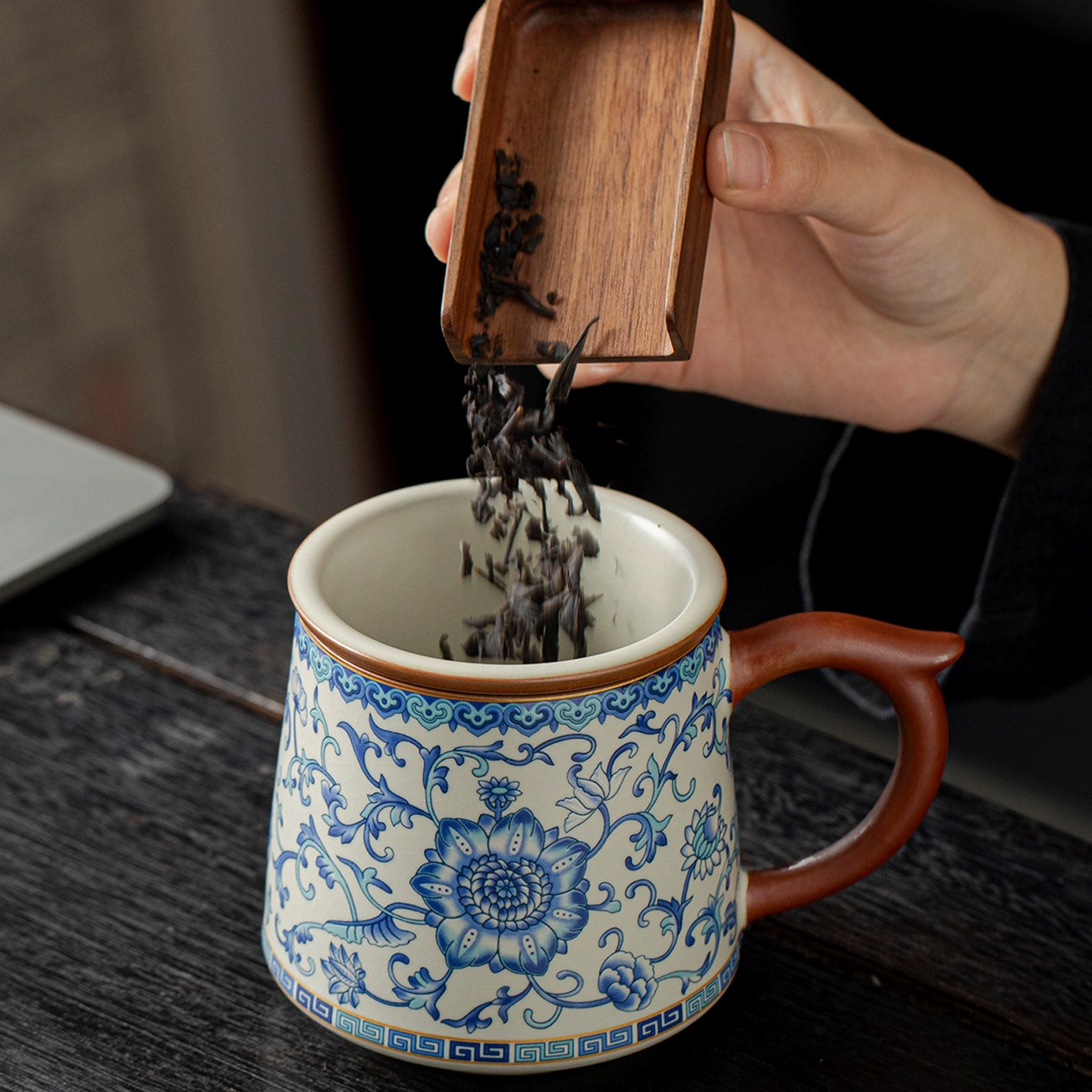 Blue and White Ru Kiln Ceramic Tea Cup with Lid and Filter | Tea-Water Separation Mug for Home Brewing & Office Use