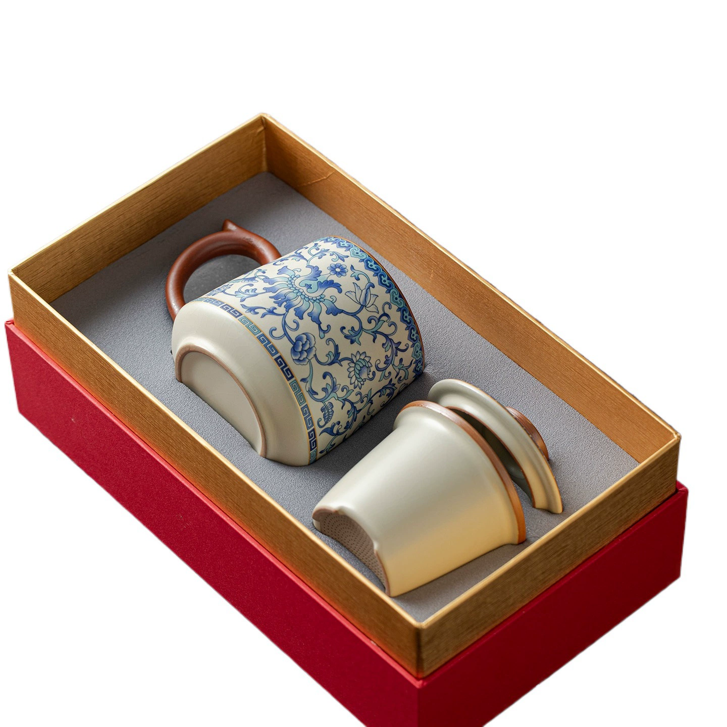 Blue and White Ru Kiln Ceramic Tea Cup with Lid and Filter | Tea-Water Separation Mug for Home Brewing & Office Use