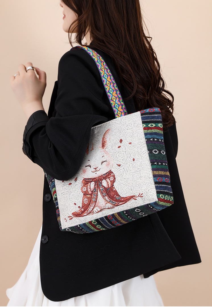 Canvas Shoulder Bag for Women, Small Square Bag, Ethnic Style, Stylish Commuter Handbag