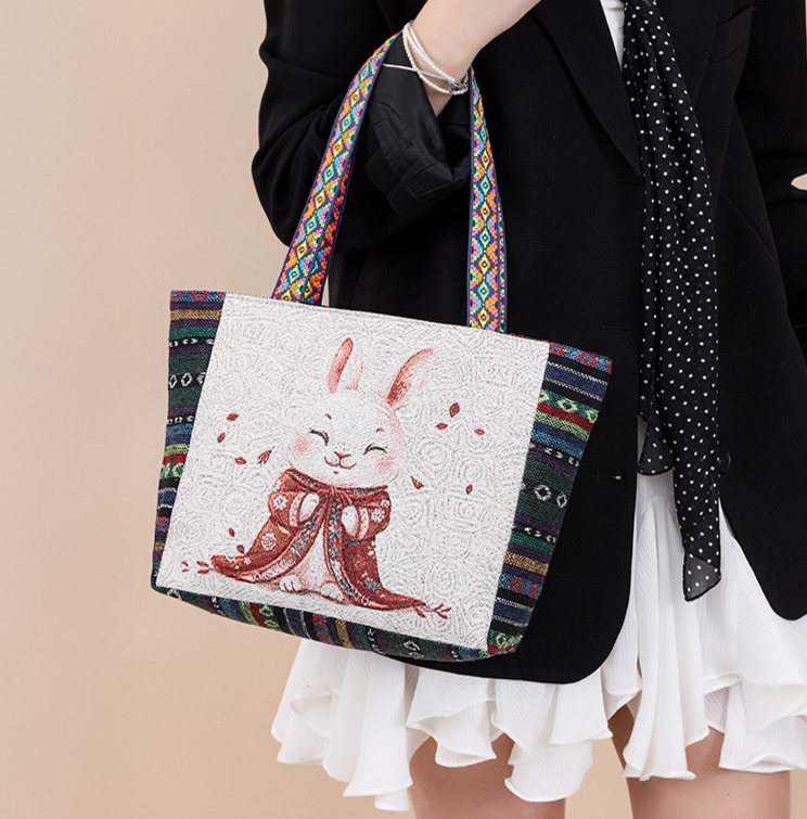 Canvas Shoulder Bag for Women, Small Square Bag, Ethnic Style, Stylish Commuter Handbag
