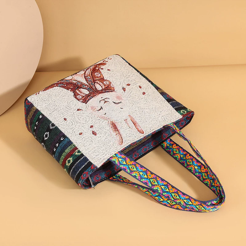Canvas Shoulder Bag for Women, Small Square Bag, Ethnic Style, Stylish Commuter Handbag