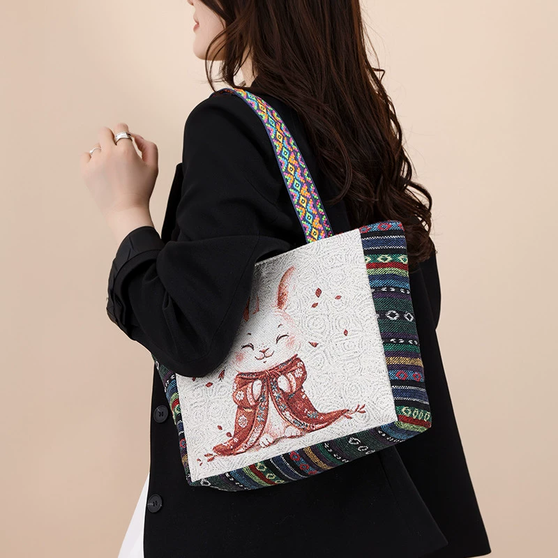 Canvas Shoulder Bag for Women, Small Square Bag, Ethnic Style, Stylish Commuter Handbag