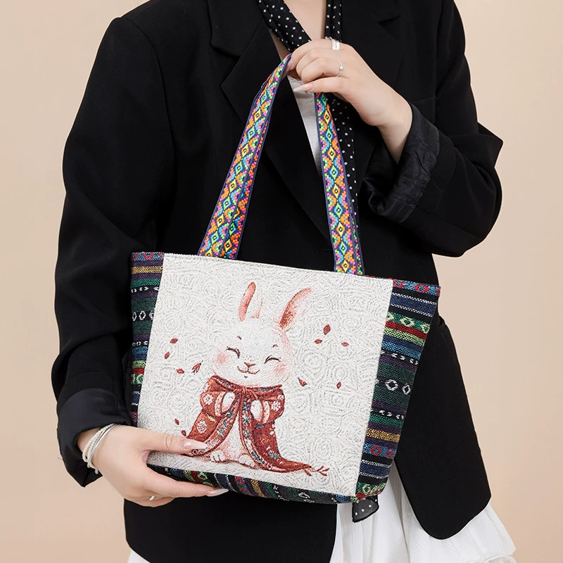 Canvas Shoulder Bag for Women, Small Square Bag, Ethnic Style, Stylish Commuter Handbag