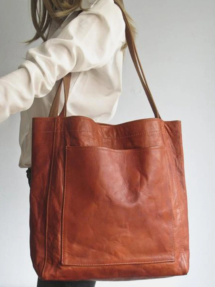 Women's Soft Leather Retro Oil Wax Leather Large Capacity Fashion Tote Bag with Pockets, Handbag and Shoulder Bag