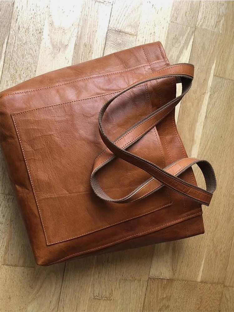 Women's Soft Leather Retro Oil Wax Leather Large Capacity Fashion Tote Bag with Pockets, Handbag and Shoulder Bag