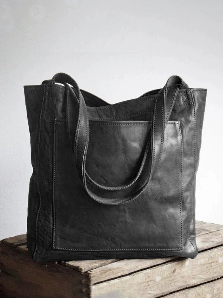 Women's Soft Leather Retro Oil Wax Leather Large Capacity Fashion Tote Bag with Pockets, Handbag and Shoulder Bag