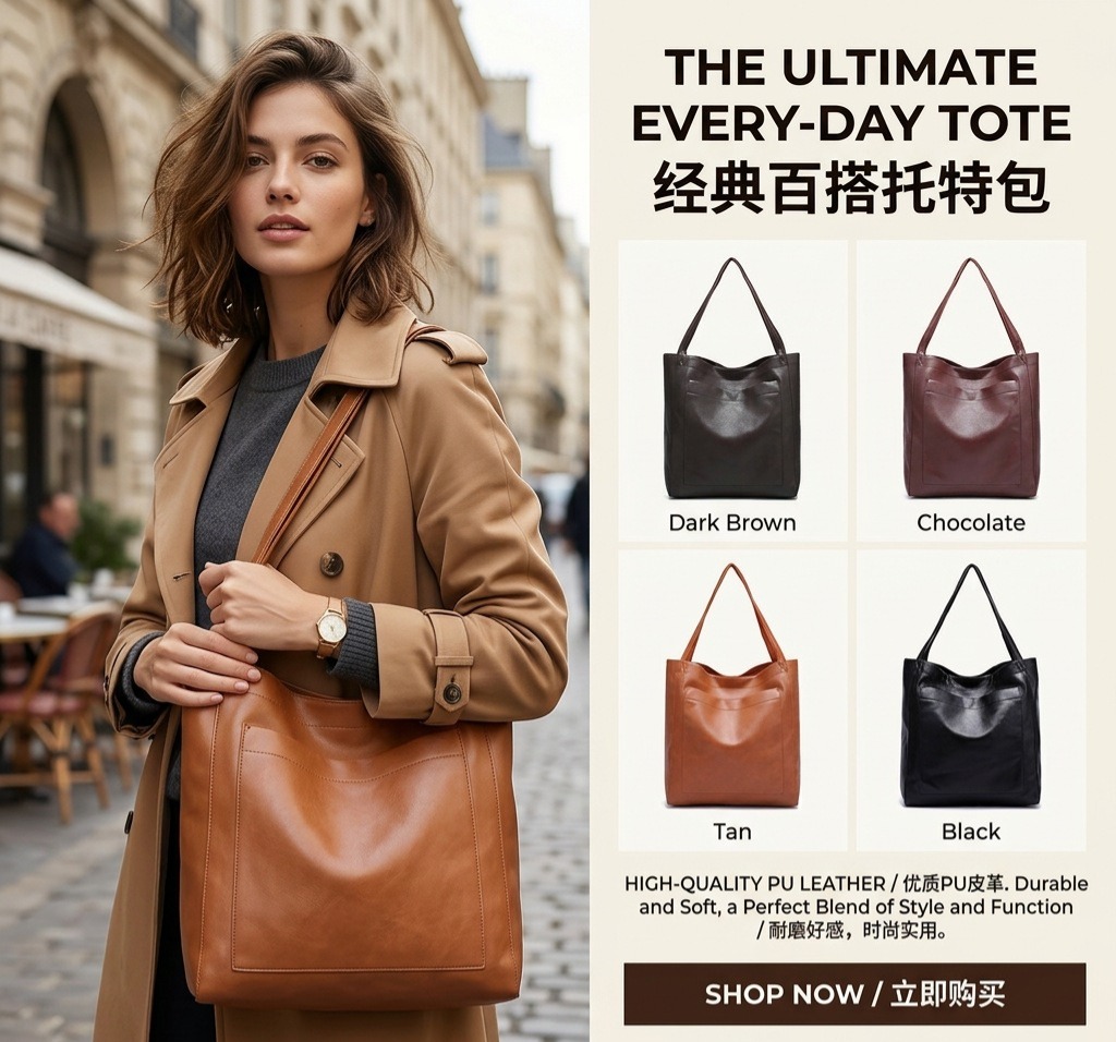 Women's Soft Leather Retro Oil Wax Leather Large Capacity Fashion Tote Bag with Pockets, Handbag and Shoulder Bag