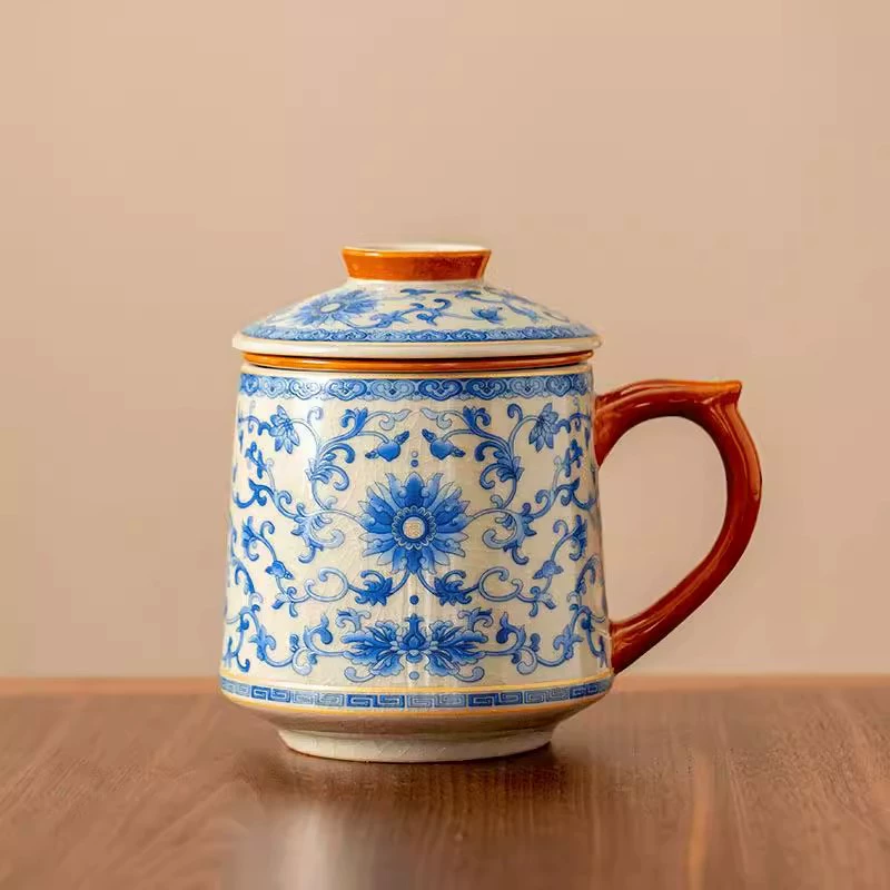Blue and White Ru Ware Interlocking Lotus Pattern Office Mug | Ceramic Lidded Tea-to-Water Separation Cup | Chinese Style Home Desk Teacup