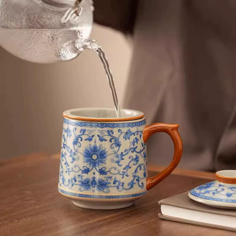 Blue and White Ru Ware Interlocking Lotus Pattern Office Mug | Ceramic Lidded Tea-to-Water Separation Cup | Chinese Style Home Desk Teacup