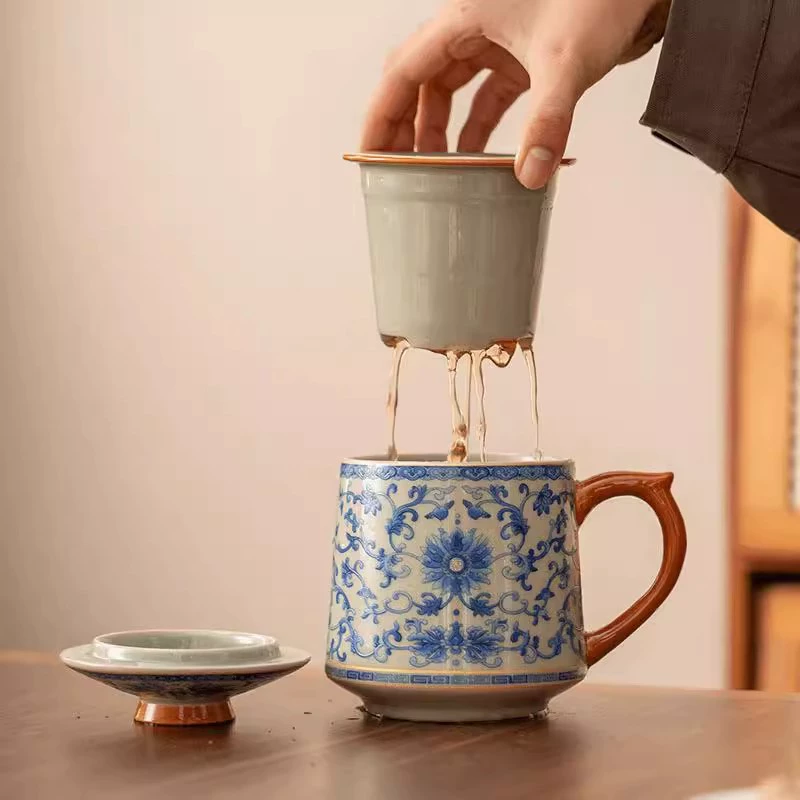 Blue and White Ru Ware Interlocking Lotus Pattern Office Mug | Ceramic Lidded Tea-to-Water Separation Cup | Chinese Style Home Desk Teacup