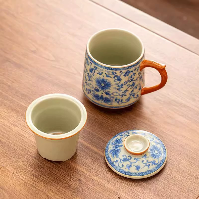 Blue and White Ru Ware Interlocking Lotus Pattern Office Mug | Ceramic Lidded Tea-to-Water Separation Cup | Chinese Style Home Desk Teacup
