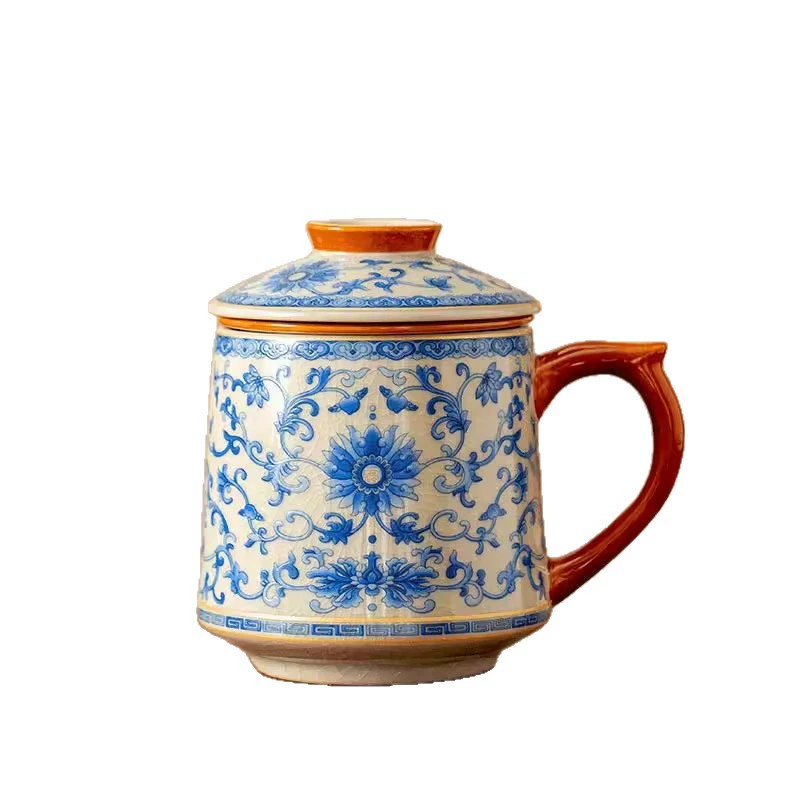 Blue and White Ru Ware Interlocking Lotus Pattern Office Mug | Ceramic Lidded Tea-to-Water Separation Cup | Chinese Style Home Desk Teacup