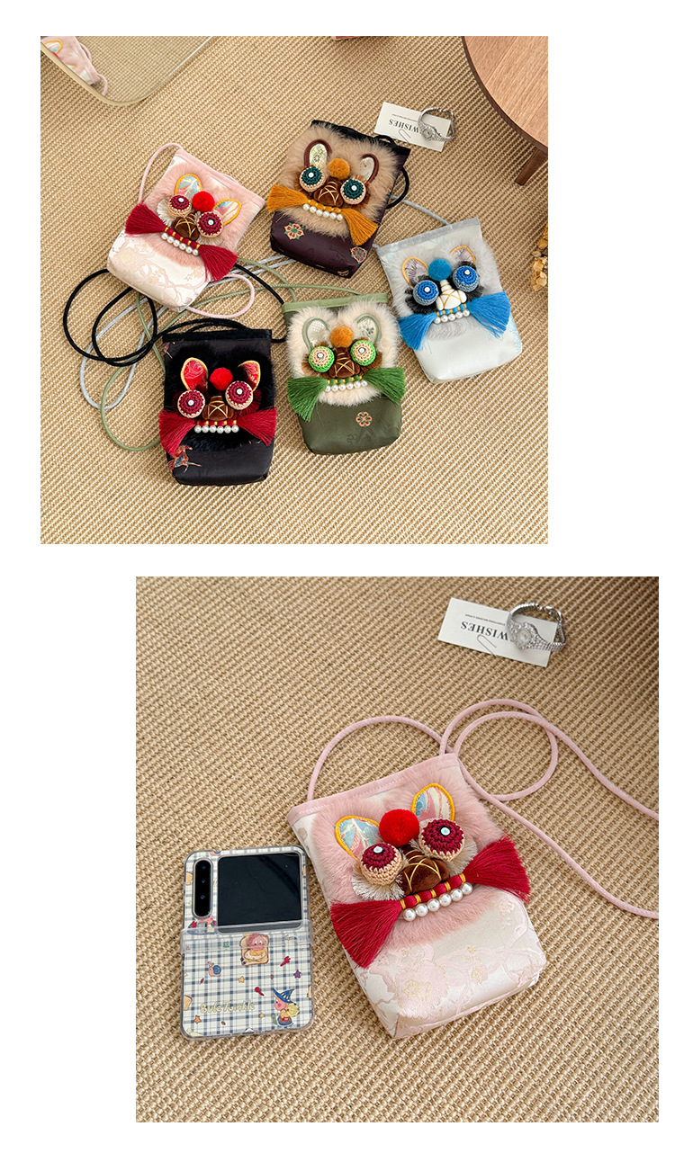 Handmade Tiger Head Phone Pouch with Chinese-style Embroidery, Ethnic Style for Hanfu