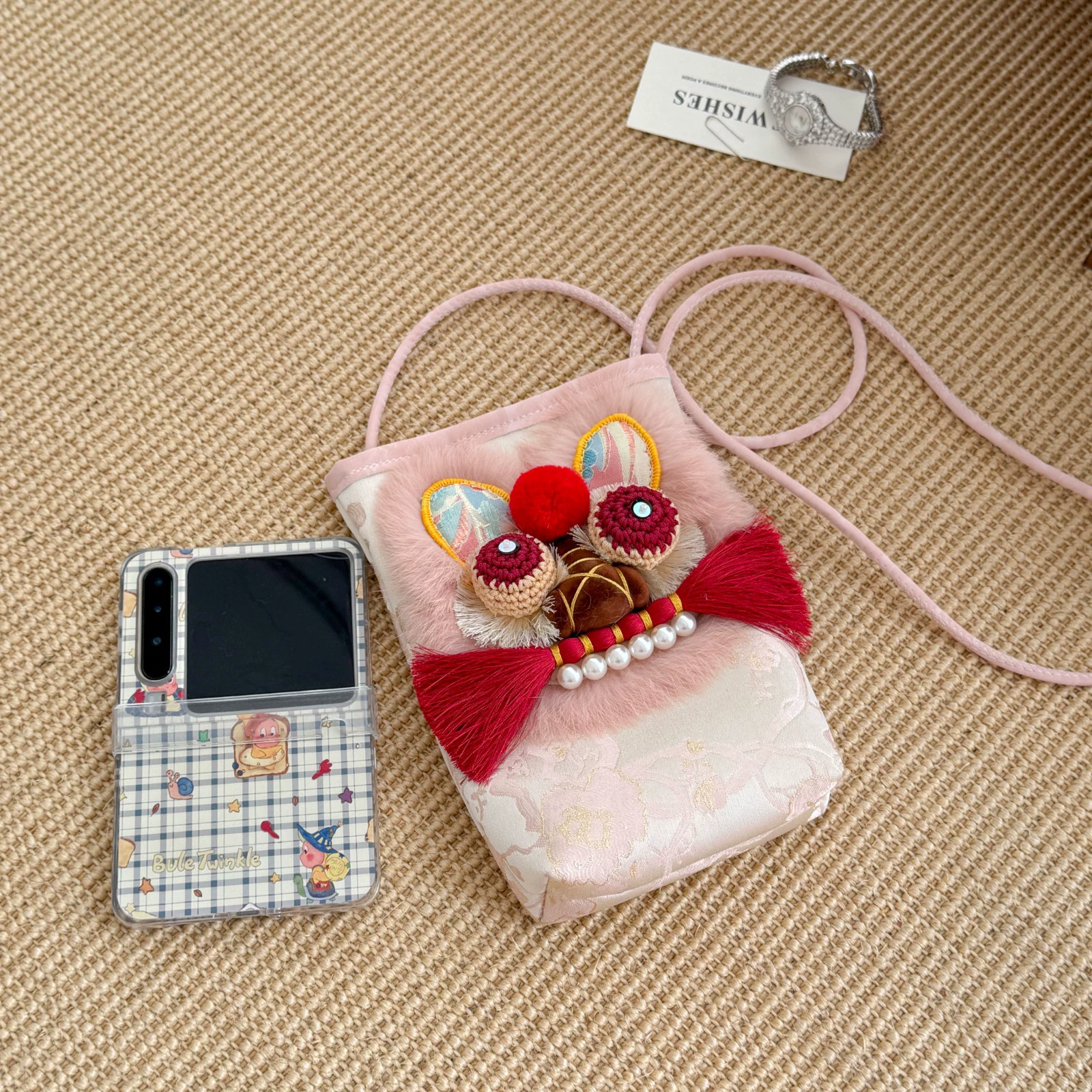 Handmade Tiger Head Phone Pouch with Chinese-style Embroidery, Ethnic Style for Hanfu