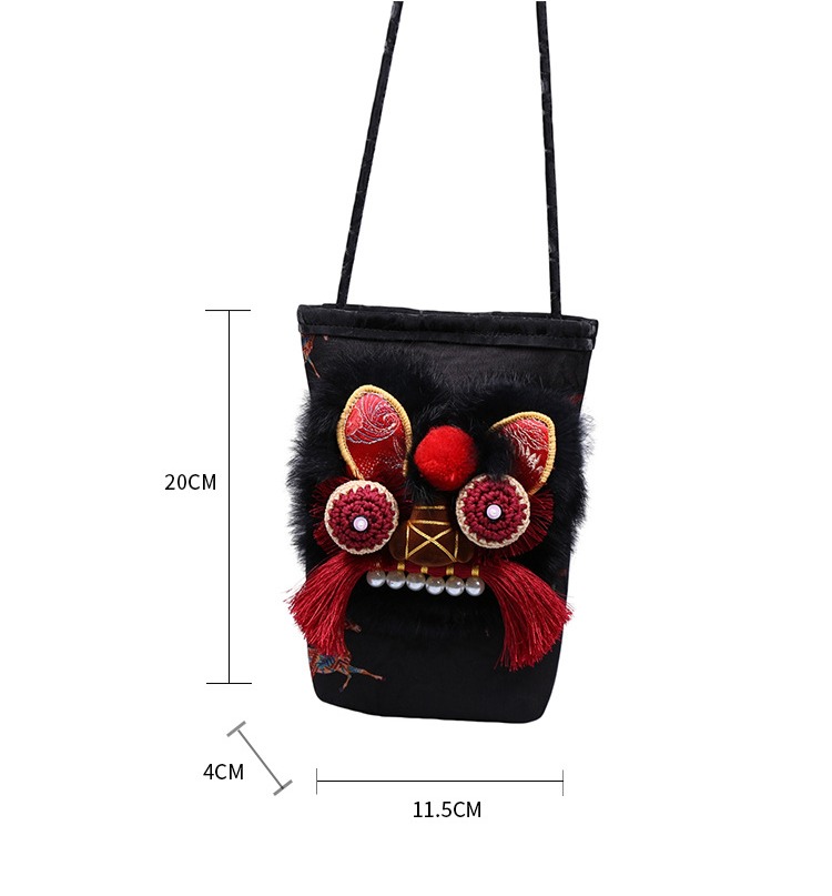 Handmade Tiger Head Phone Pouch with Chinese-style Embroidery, Ethnic Style for Hanfu