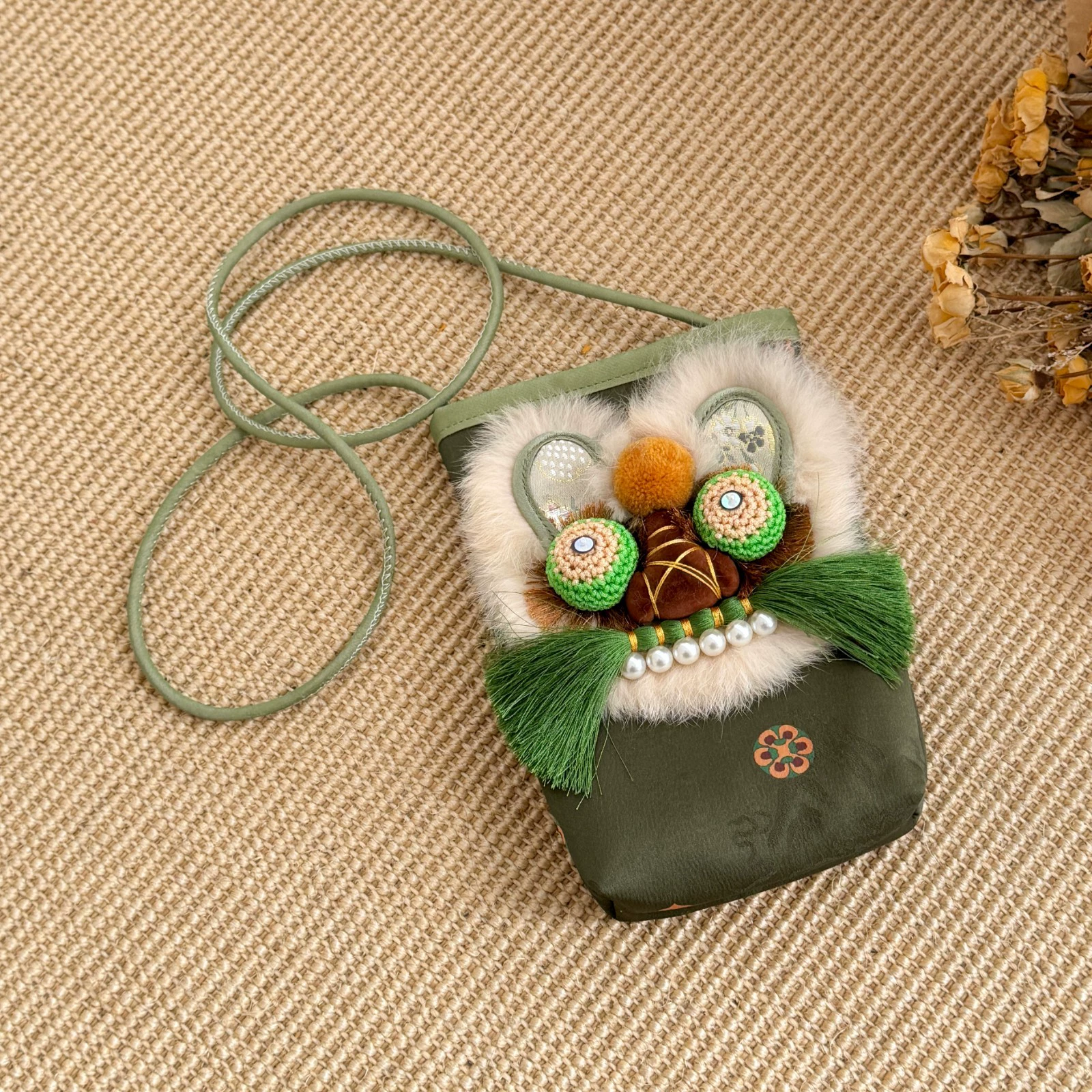 Handmade Tiger Head Phone Pouch with Chinese-style Embroidery, Ethnic Style for Hanfu