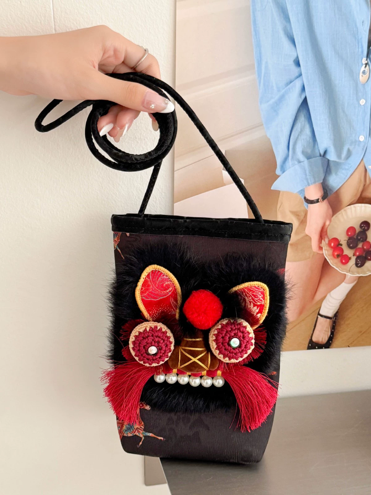 Handmade Tiger Head Phone Pouch with Chinese-style Embroidery, Ethnic Style for Hanfu