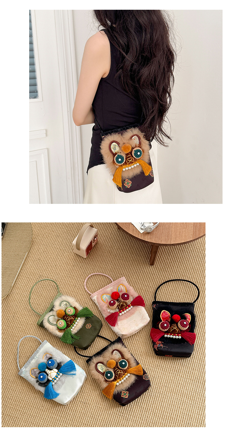 Handmade Tiger Head Phone Pouch with Chinese-style Embroidery, Ethnic Style for Hanfu