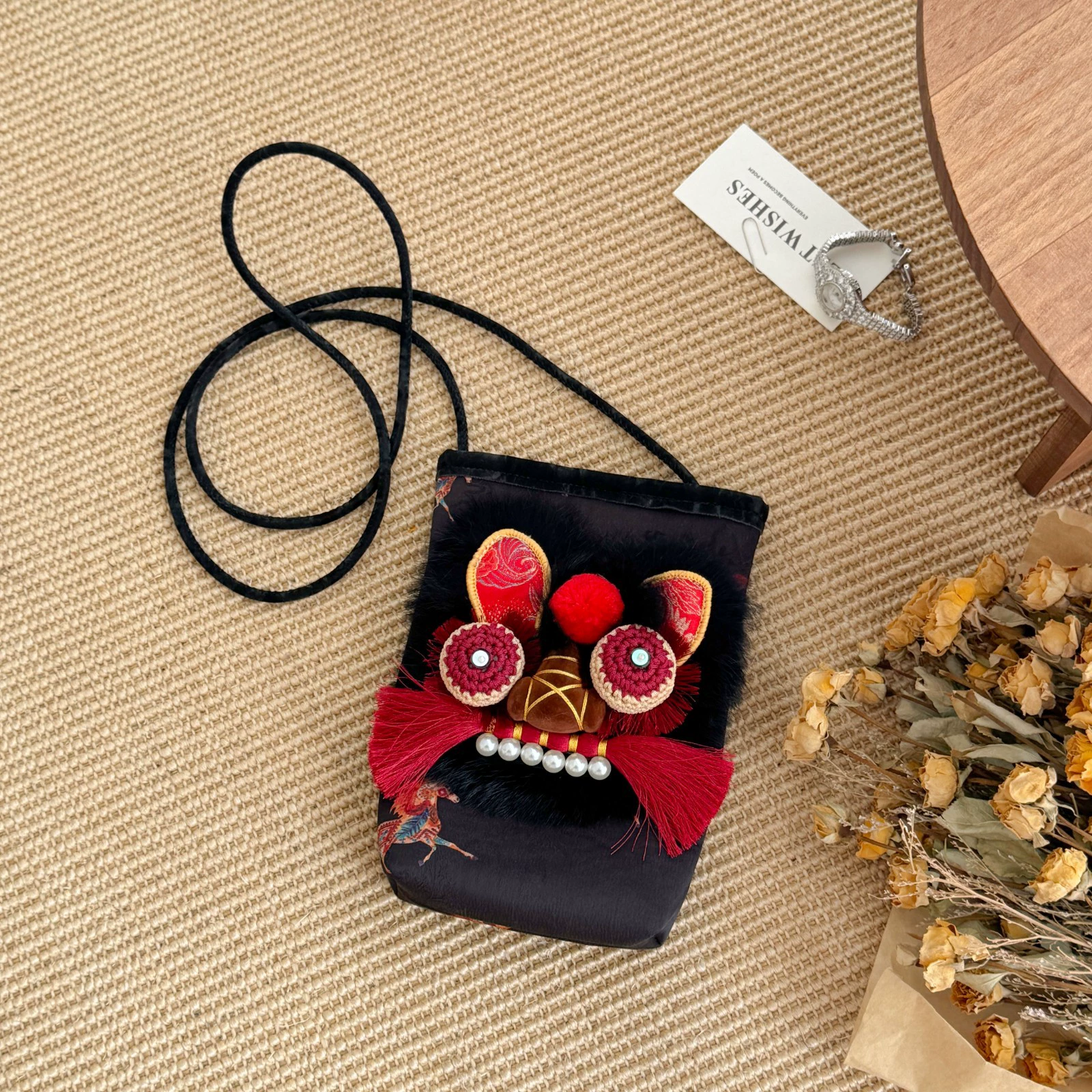 Handmade Tiger Head Phone Pouch with Chinese-style Embroidery, Ethnic Style for Hanfu