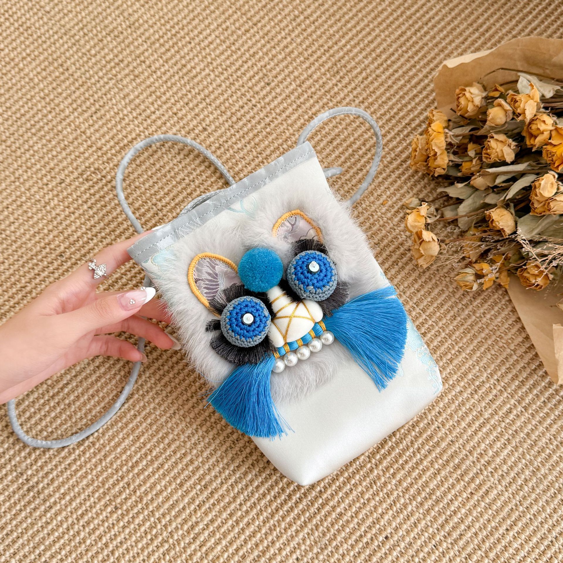 Handmade Tiger Head Phone Pouch with Chinese-style Embroidery, Ethnic Style for Hanfu
