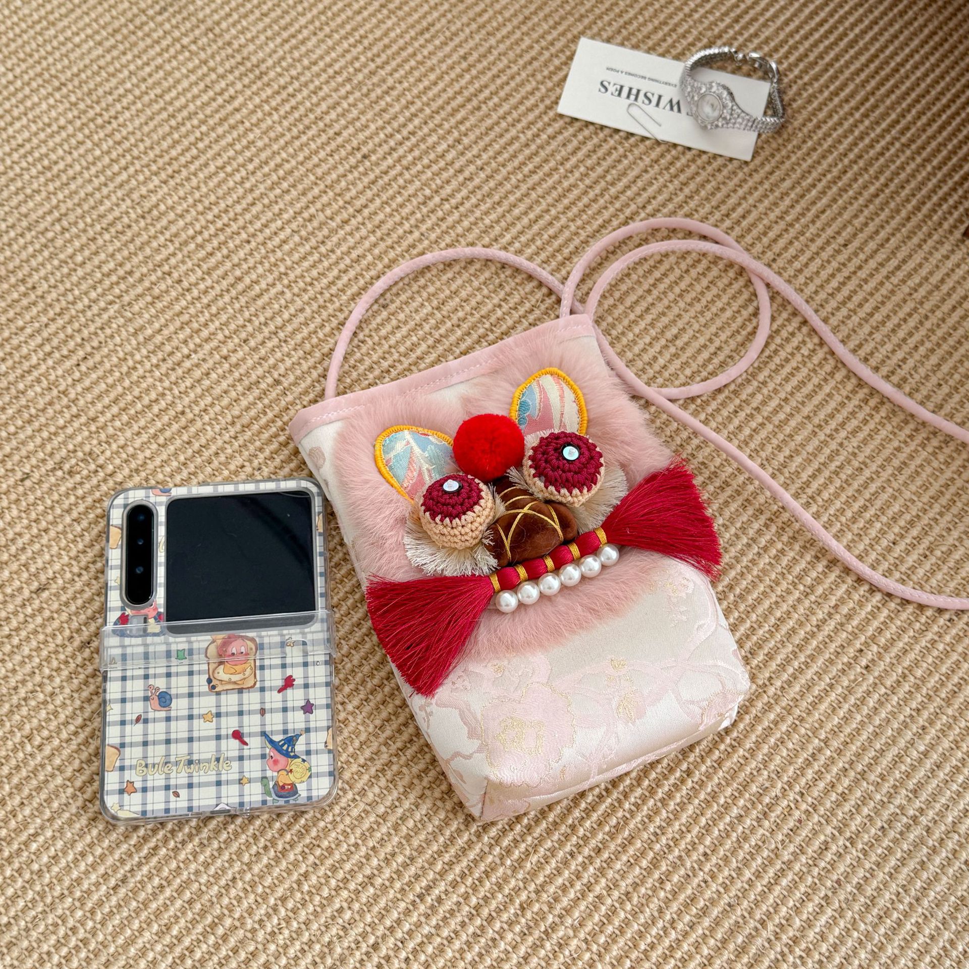 Handmade Tiger Head Phone Pouch with Chinese-style Embroidery, Ethnic Style for Hanfu
