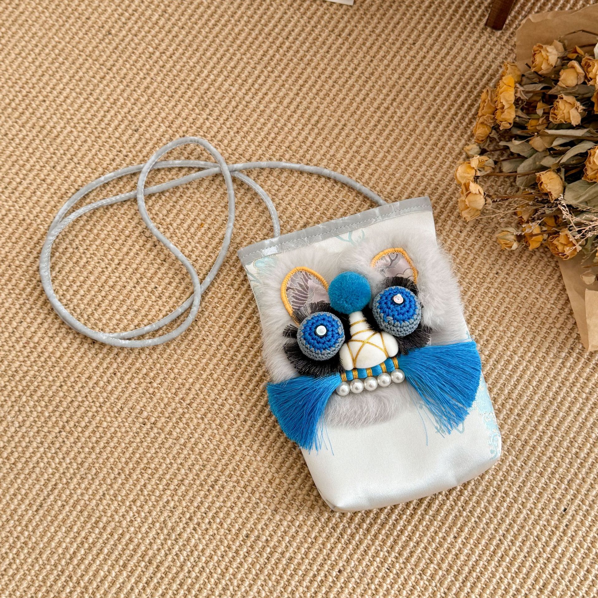 Handmade Tiger Head Phone Pouch with Chinese-style Embroidery, Ethnic Style for Hanfu