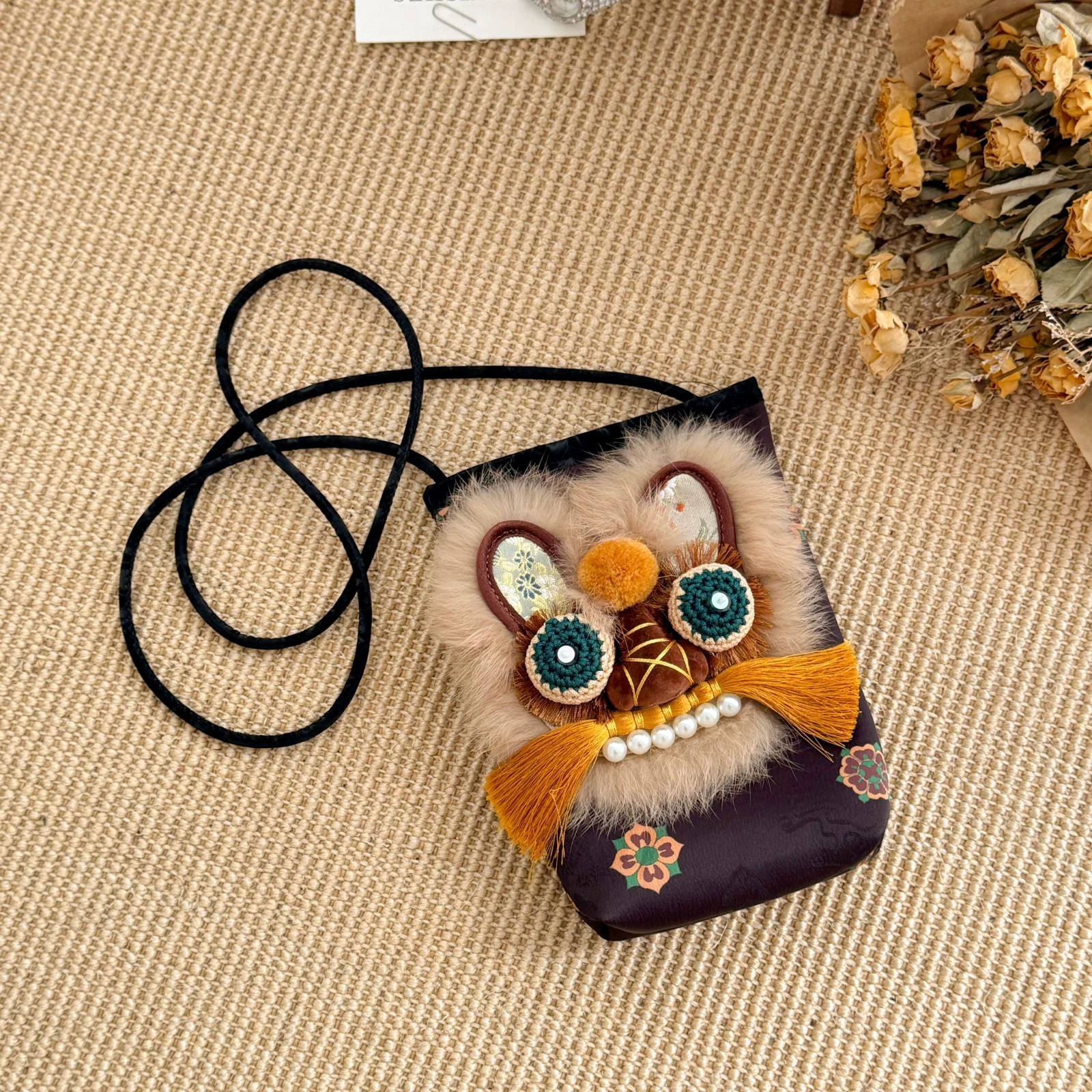 Handmade Tiger Head Phone Pouch with Chinese-style Embroidery, Ethnic Style for Hanfu