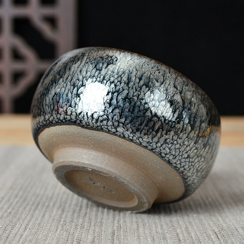 Blue Hundred Flowers Master Cup - Jianyang Iron-Bodied Tea Bowl with Chrysanthemum Design, Raw Mineral Glaze Blue Hundred Flowers Tea Cup Wholesale
