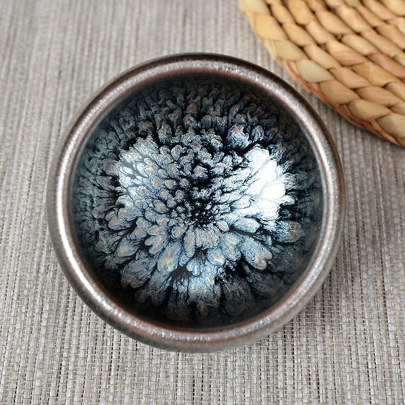 Blue Hundred Flowers Master Cup - Jianyang Iron-Bodied Tea Bowl with Chrysanthemum Design, Raw Mineral Glaze Blue Hundred Flowers Tea Cup Wholesale