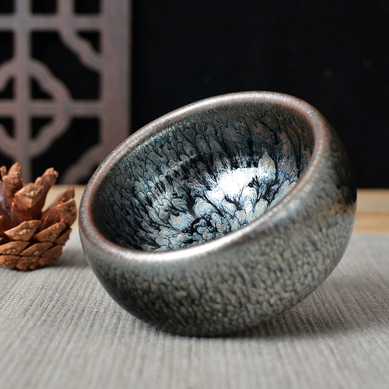 Blue Hundred Flowers Master Cup - Jianyang Iron-Bodied Tea Bowl with Chrysanthemum Design, Raw Mineral Glaze Blue Hundred Flowers Tea Cup Wholesale