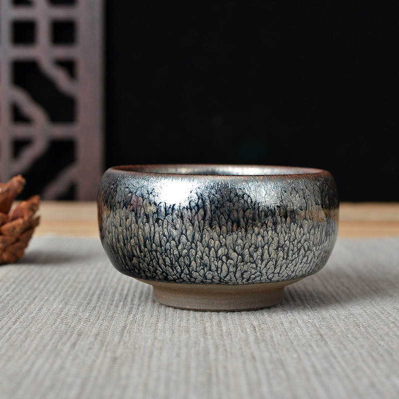 Blue Hundred Flowers Master Cup - Jianyang Iron-Bodied Tea Bowl with Chrysanthemum Design, Raw Mineral Glaze Blue Hundred Flowers Tea Cup Wholesale