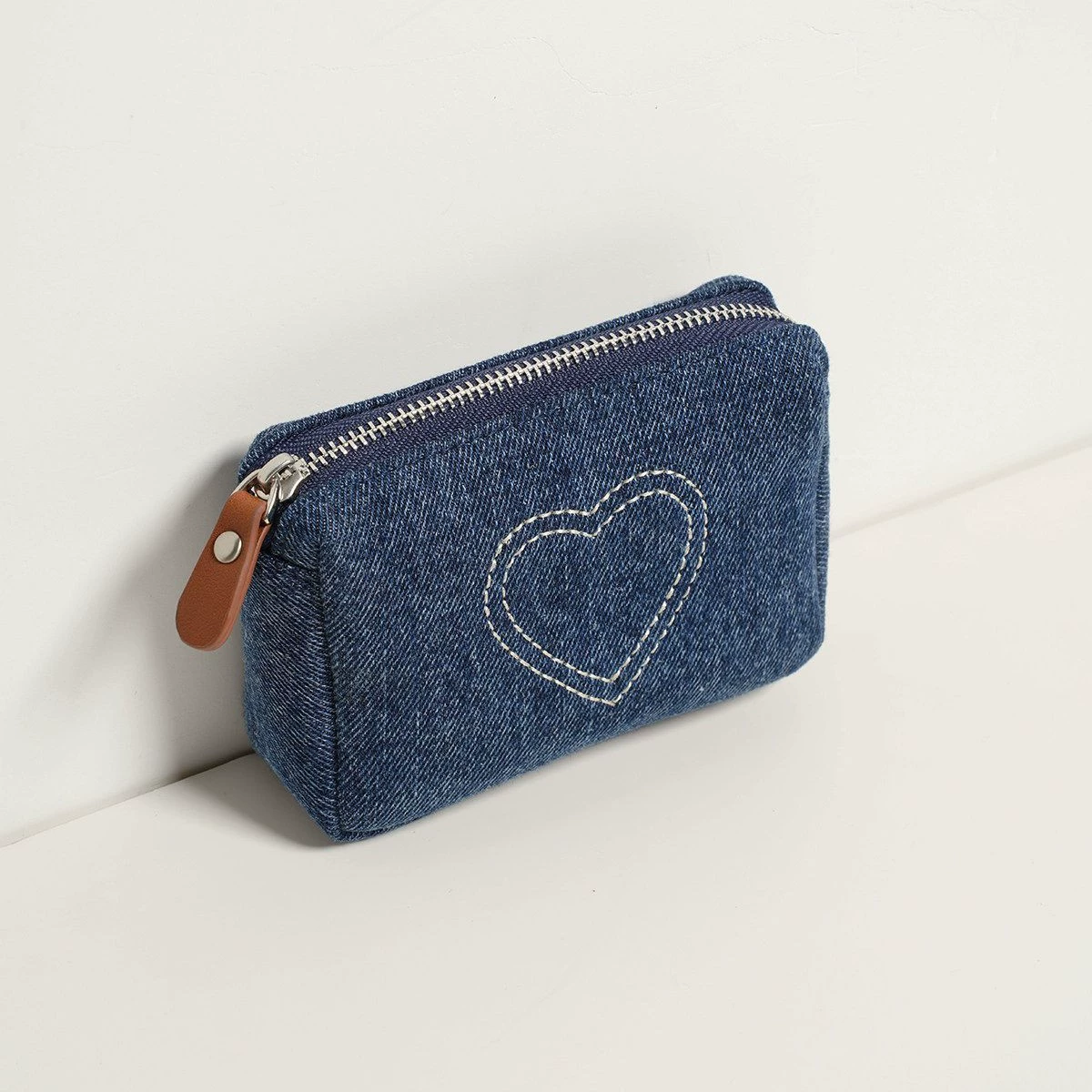 Denim Heart-Embroidery Compact Convenient Pouch