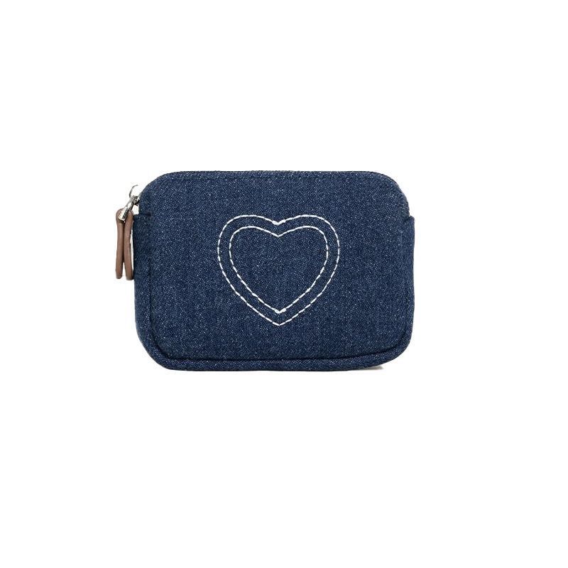 Denim Heart-Embroidery Compact Convenient Pouch