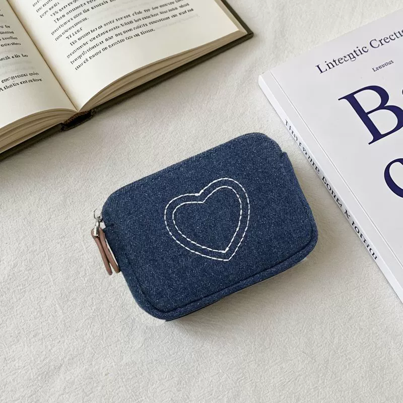Denim Heart-Embroidery Compact Convenient Pouch