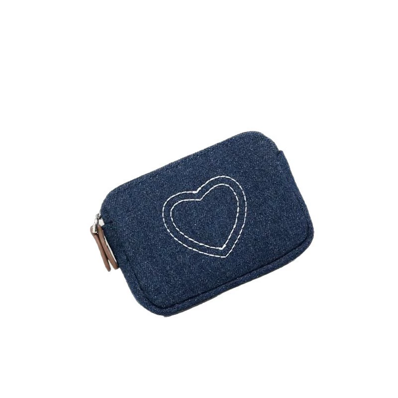 Denim Heart-Embroidery Compact Convenient Pouch