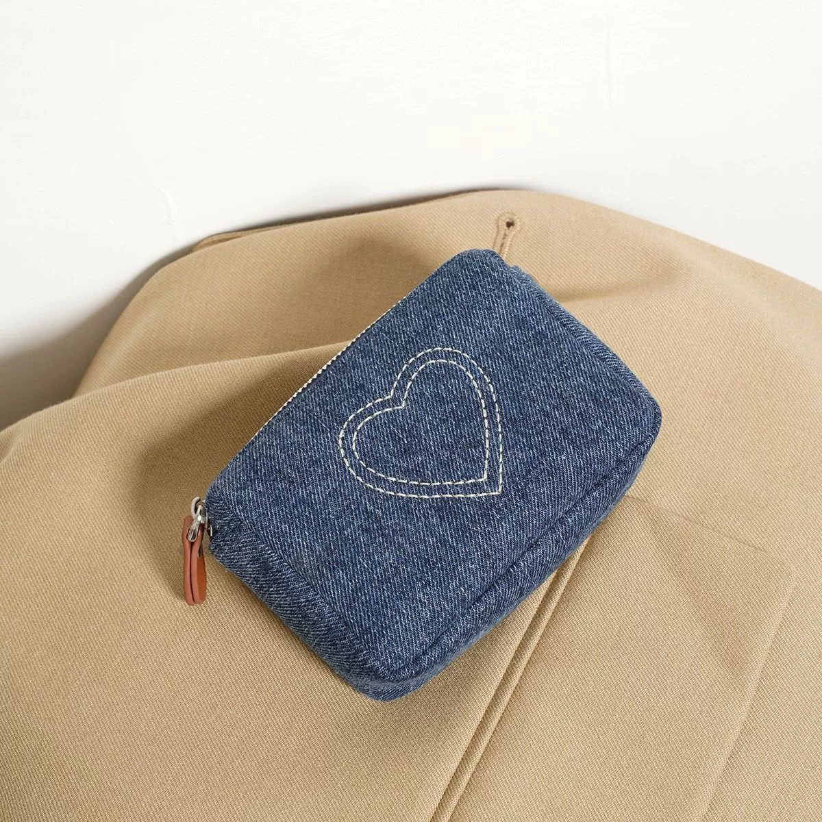 Denim Heart-Embroidery Compact Convenient Pouch