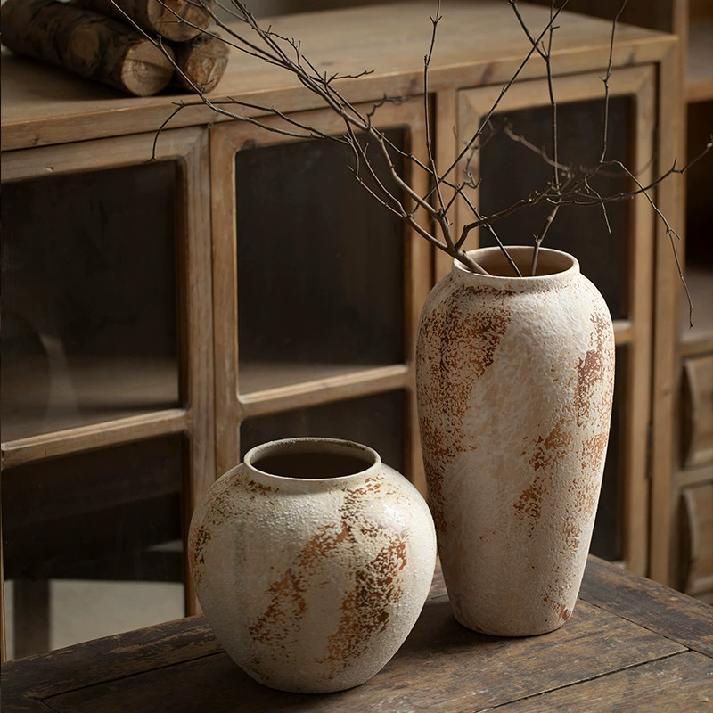 Wabi-Sabi Decorative Ornament Mottled Vintage Rough Ceramic Jar for Entryway and TV Cabinet, Large Ceramic Vase for Floral Arrangement