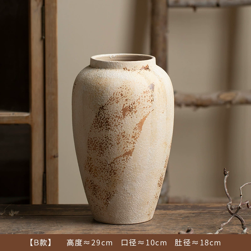 Wabi-Sabi Decorative Ornament Mottled Vintage Rough Ceramic Jar for Entryway and TV Cabinet, Large Ceramic Vase for Floral Arrangement