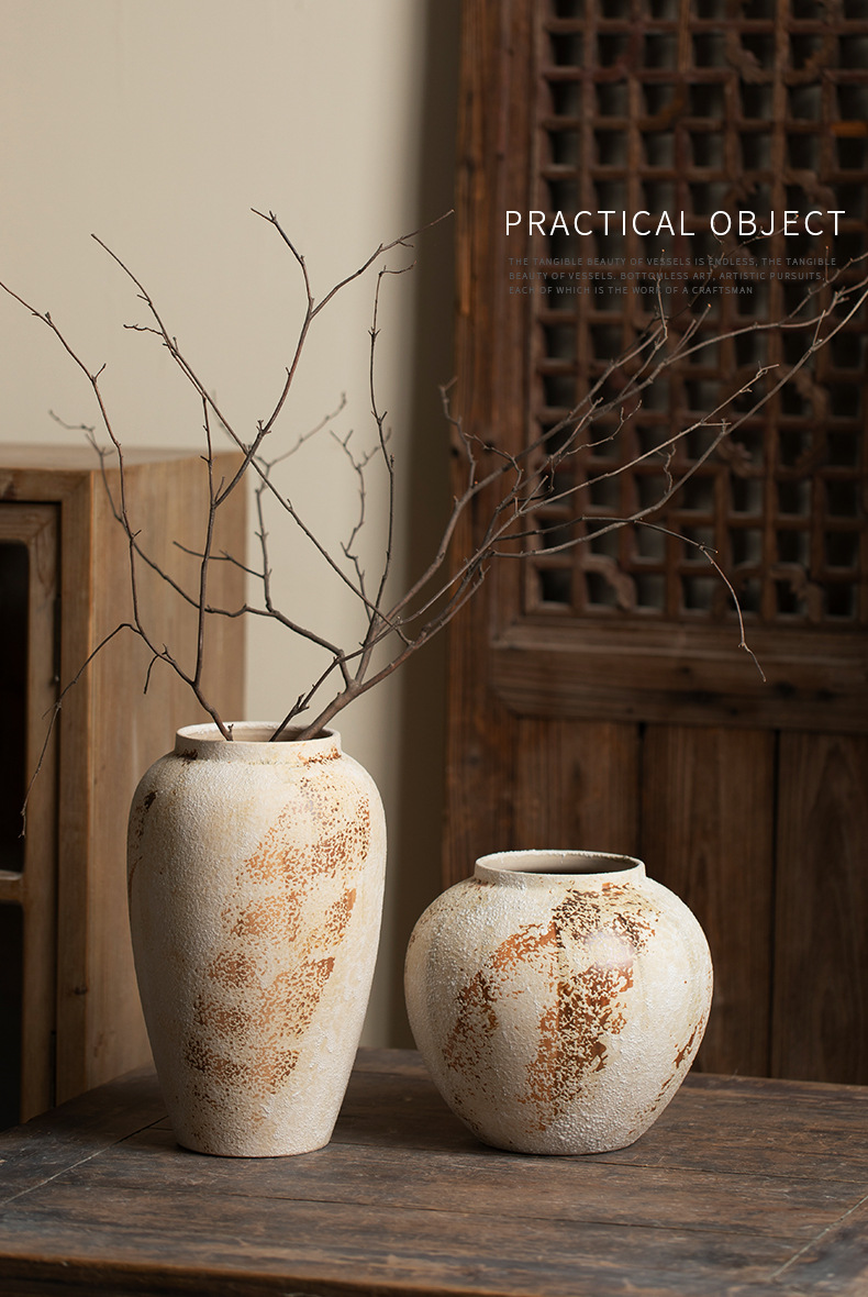 Wabi-Sabi Decorative Ornament Mottled Vintage Rough Ceramic Jar for Entryway and TV Cabinet, Large Ceramic Vase for Floral Arrangement