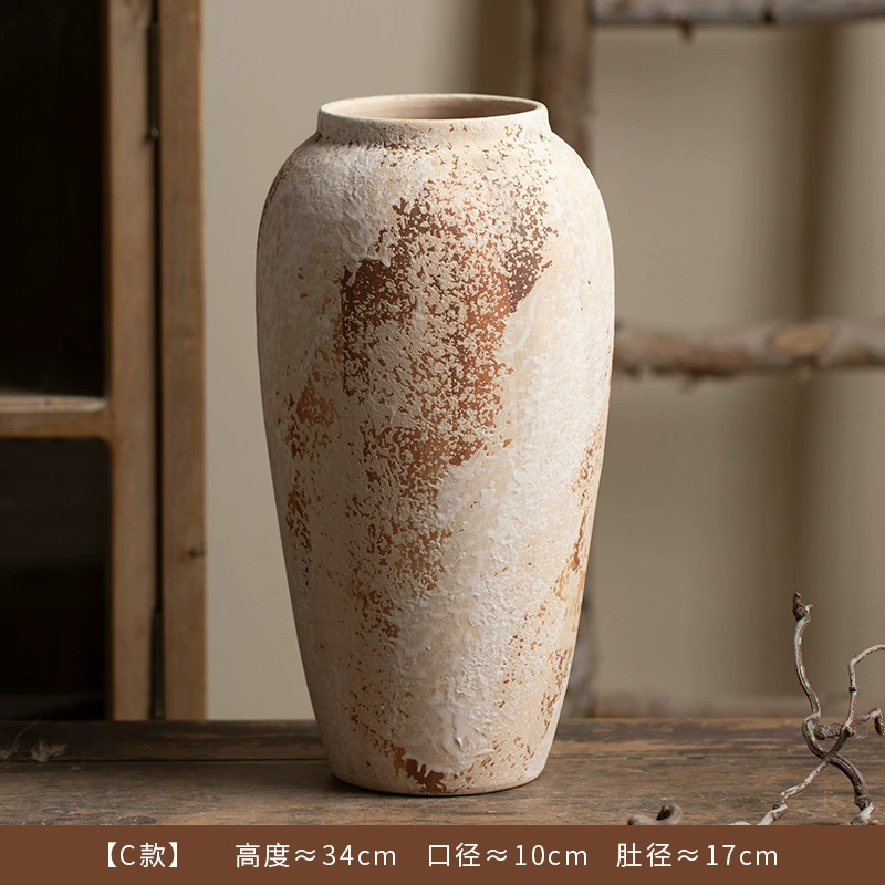 Wabi-Sabi Decorative Ornament Mottled Vintage Rough Ceramic Jar for Entryway and TV Cabinet, Large Ceramic Vase for Floral Arrangement