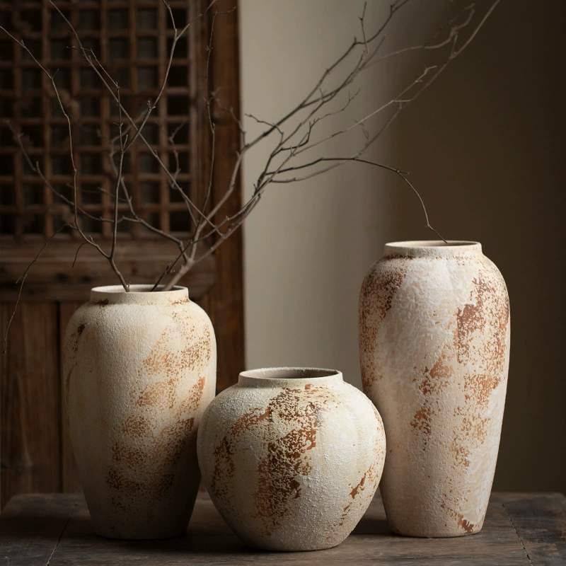 Wabi-Sabi Decorative Ornament Mottled Vintage Rough Ceramic Jar for Entryway and TV Cabinet, Large Ceramic Vase for Floral Arrangement