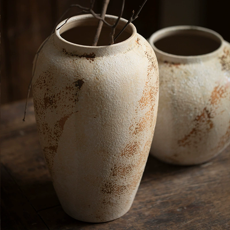 Wabi-Sabi Decorative Ornament Mottled Vintage Rough Ceramic Jar for Entryway and TV Cabinet, Large Ceramic Vase for Floral Arrangement