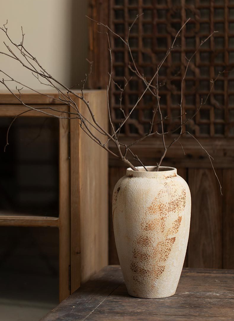 Wabi-Sabi Decorative Ornament Mottled Vintage Rough Ceramic Jar for Entryway and TV Cabinet, Large Ceramic Vase for Floral Arrangement