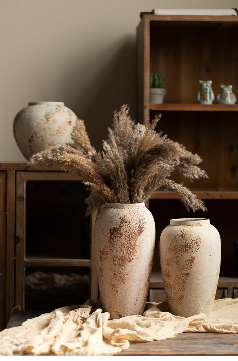 Wabi-Sabi Decorative Ornament Mottled Vintage Rough Ceramic Jar for Entryway and TV Cabinet, Large Ceramic Vase for Floral Arrangement