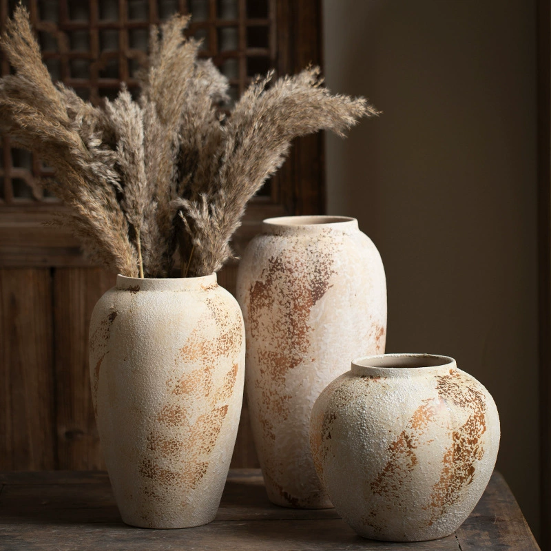 Wabi-Sabi Decorative Ornament Mottled Vintage Rough Ceramic Jar for Entryway and TV Cabinet, Large Ceramic Vase for Floral Arrangement