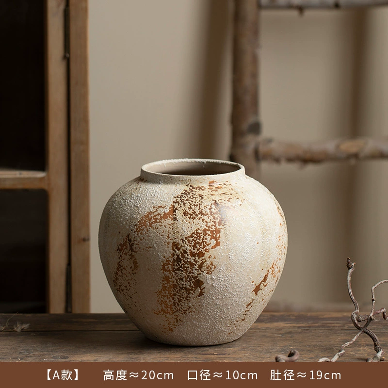 Wabi-Sabi Decorative Ornament Mottled Vintage Rough Ceramic Jar for Entryway and TV Cabinet, Large Ceramic Vase for Floral Arrangement