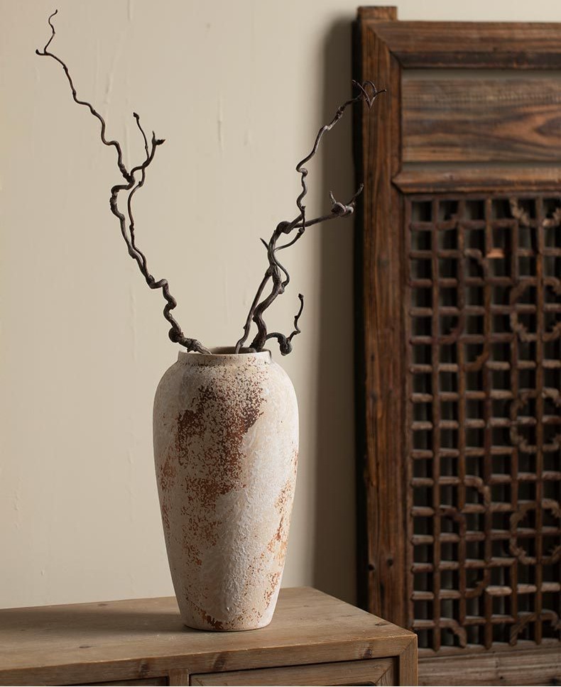 Wabi-Sabi Decorative Ornament Mottled Vintage Rough Ceramic Jar for Entryway and TV Cabinet, Large Ceramic Vase for Floral Arrangement
