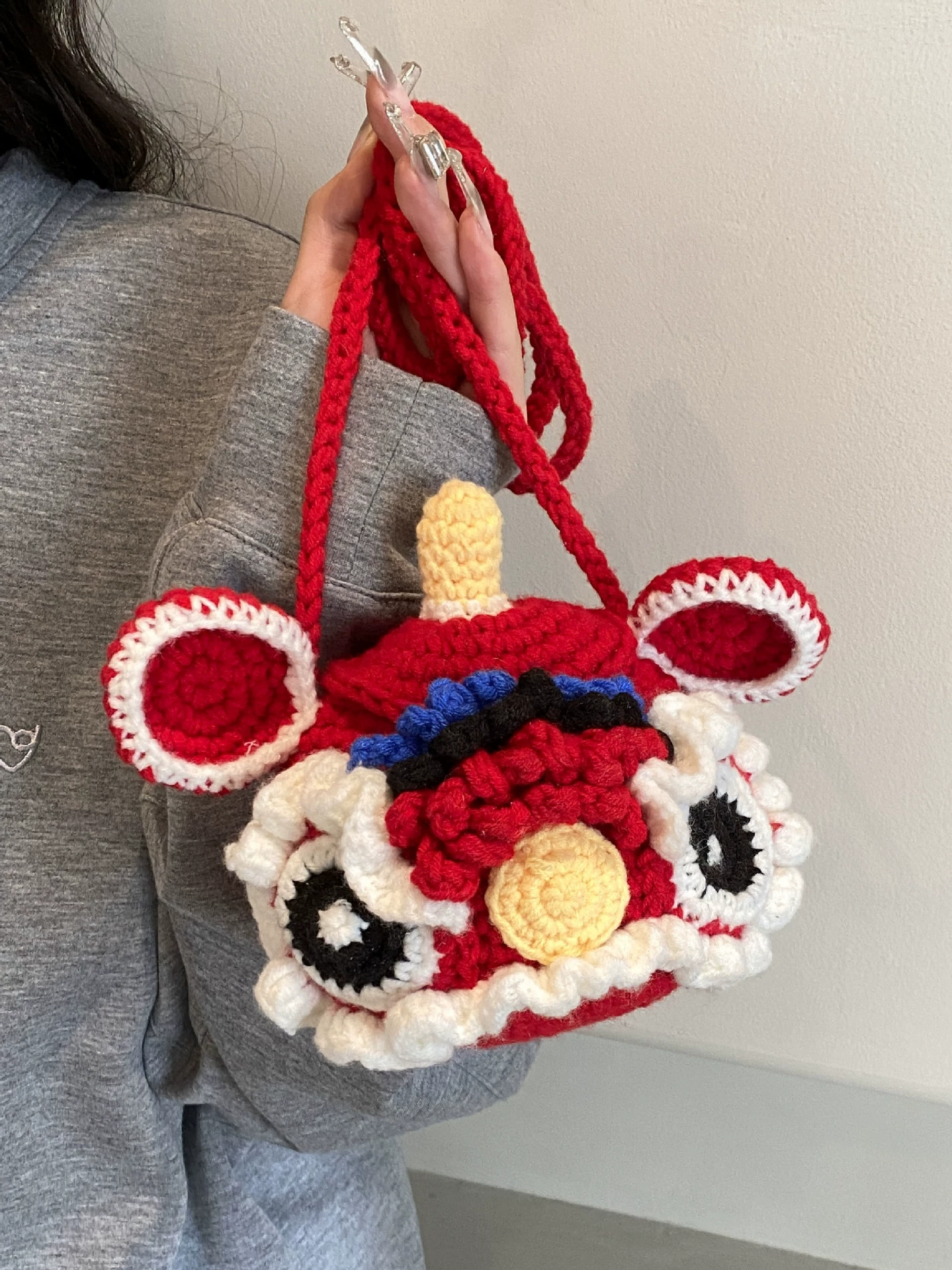 Red Crossbody Bag for Kids, Cute Knitted Yarn Bag, Tiger Head Lion Dance Bag